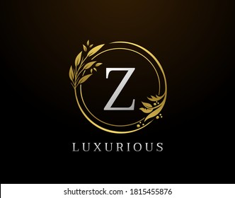 Elegant Z Letter Floral Design. Circle Luxury Z Gold Logo Icon.