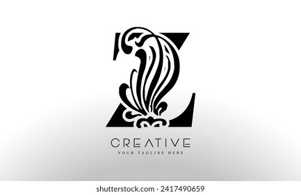 Elegant Z Luxury Logo. Black Floral Alphabet Logo with Flowers Leaves. Perfect for Fashion, Jewelry, Beauty Salon, Cosmetics, Spa, Hotel and Restaurant Logo.