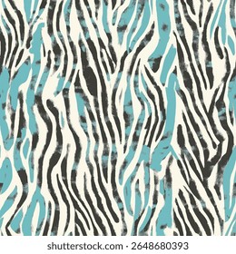 Elegant zebra print pattern with subtle teal and black accents,  Woodblock print seamless pattern, seamless repeating vector pattern, design and pattern for textile print. Vector illustration.