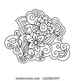 Elegant zentangle inspired coloring book style illustration with flowers and leaves.