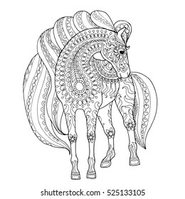 Elegant  zentangle patterned horse, doodle page for adult colouring book