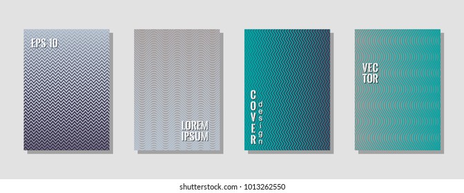 Elegant zig zag banner templates, wavy lines gradient stripes backgrounds for music cover. Curve shapes stripes, zig zag edge lines halftone texture gradient presentation backgrounds blue grey set.