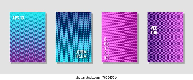Elegant zig zag lines gradient texture curves background for music party cover. Wavy stripes and zig zag vector halftone lines texture cover layouts set in blue and pink colors.