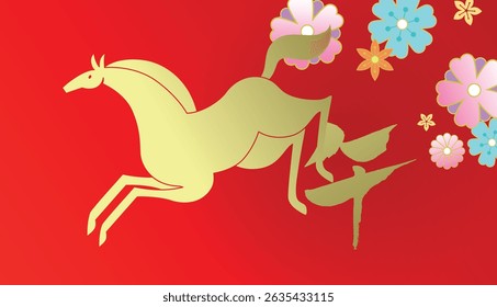 Elegant zodiac horse shape on a floral pattern background. New year of the horse 2026 greeting card banner. Chinese text translation: "Horse"(zodiac).