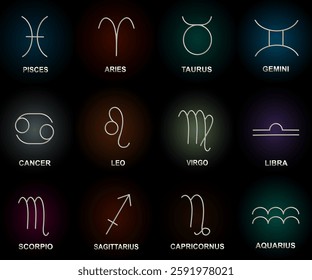 Elegant zodiac signs set with glowing gradient backgrounds. A modern astrology-themed design featuring all twelve horoscope symbols, perfect for mystic, celestial, and astrological projects.