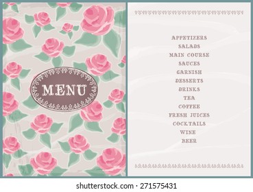elegante menu template with hand drawn roses - pink roses and green leaves on the beige background