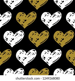 Elegante Seamless Hand drawn Hearts pattern. White, Black and Gold Ink design for t-shirt, dress, cloths. Sketchy Valentine's Day or Wedding background. Vector illustration EPS 10 file.
