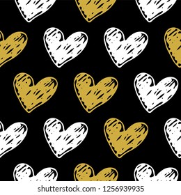 Elegante Seamless Hand drawn Hearts pattern. White, Black and Gold Ink design for t-shirt, dress, cloths. Sketchy Valentine's Day or Wedding background. Vector illustration EPS 10 file.