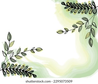 Elegant,green leaves background. Watercolor, outline. Botanical vector illustrations for greeting card, invitation card, birthday card, presentation background, internet, social networks, banner