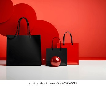 Bolso de mano negro arreglado elegantemente sobre fondo rojo, ventana de la tienda para viernes negro.