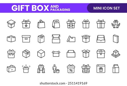 Elegantly Crafted Gift Box and Packaging Icon Set: Perfect for Celebrating Special Occasions, Events, and Holidays with High-Quality Icons that Enhance Branding, Digital Designs, and Print Media