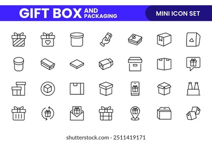 Elegantly Crafted Gift Box and Packaging Icon Set: Perfect for Celebrating Special Occasions, Events, and Holidays with High-Quality Icons that Enhance Branding, Digital Designs, and Print Media