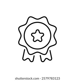 An elegantly designed line icon of a rating badge featuring a central star and decorative ribbons below, ideal for showcasing exceptional quality and achievements in various designs