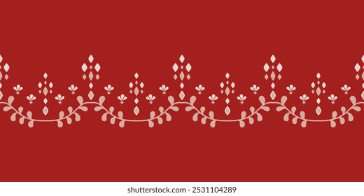 Elegantemente Diamond Bling Scroll Line Border Decoración. Vino y hojas de patrón floral Vector sin fisuras. Bordado de oro textil de estilo indio sobre fondo rojo profundo. Inspirado en la Naturaleza.