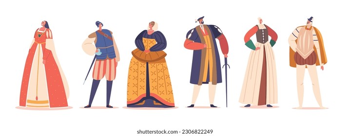 Personajes Elegantemente Vestidos En Ropa Renacentista, Adornados Con Detalles Intrincados Y Tejidos Ricos, Ilustración