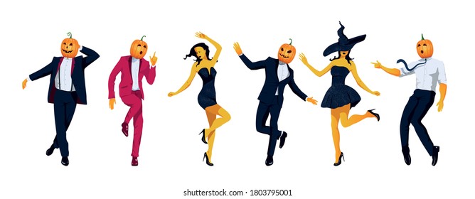 Elegantly dressed in evening dress, pumpkin jack o lantern and adorable witches dance in variable poses. All Saints Eve concept banner. Dancing young people header. Vector flat design illustration.