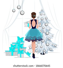 Elegantly dressed girl with an evening hairstyle decorates a Christmas tree, fashion illustration for Christmas, preparation for winter holidays, vector illustration in flat style.