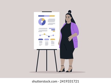 An elegantly dressed plus-size woman, adorned in a vibrant cardigan, a simple black dress, and wedge shoes, stands next to a flip board, confidently presenting a business report