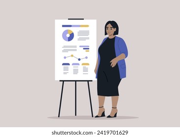 An elegantly dressed plus-size woman, adorned in a vibrant cardigan, a simple black dress, and wedge shoes, stands next to a flip board, confidently presenting a business report