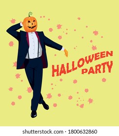 Elegantly dressed in a tuxedo, the pumpkin  jack o lantern  character dances and invites you to the Halloween party. Concept card in honor of All Saints' Eve. Vector flat design illustration.