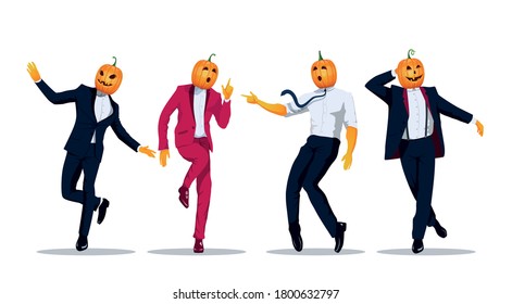 Elegantly dressed in a tuxedo suit,  pumpkin  jack o lantern  characters dances in variable poses.  All Saints' Eve concept banner. Dancing young men header. Vector flat design illustration.