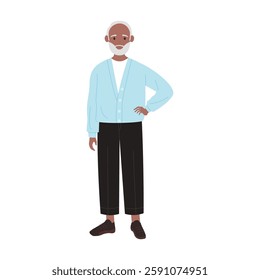 An elegantly fashionable elderly man proudly showcasing a smartcasual look featuring a light blue cardigan