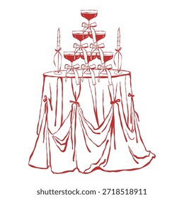 Una mesa retro elegantemente ambientada con vasos de vino. Una pila de copas de vino, velas y arcos. Ilustración de Antiguas para el día de San Valentín o una boda. Cena romántica. Ilustración de contorno de Vector rojo en un
