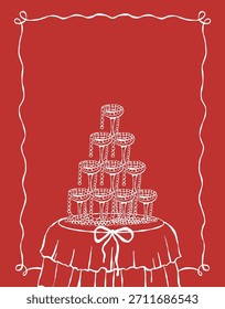 Una mesa elegantemente decorada con una exhibición de copas de vino. Una Plantilla de tarjeta con espacio para texto para San Valentín o una boda. Un mantel coqueto. Una cena romántica. Ilustración del contorno del Vector en un rojo