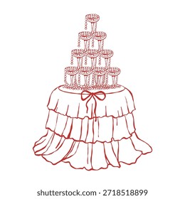 Una mesa elegantemente decorada con una exhibición de copas de vino. Ilustración para el día de San Valentín o una boda. Un mantel coqueto. Cena romántica. Ilustración de contorno de Vector rojo sobre un fondo blanco