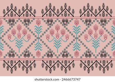 Elegantly vintage pixel seamless pattern. Pink and black floral geometric on pink background with black flowers. Used for textiles and home decoration design stuffs example pillow cover.