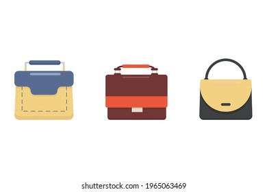 Elegants women's multicolored briefcases different shapes with fashionable handle, isolated on  white background. Stylish women's accessory. Cute vector illustration in flat style	