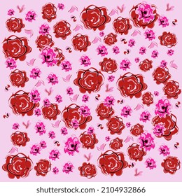 Elegante Vektorgrafik. Handgezeichnete Rosen und Blütenblätter in romantischen Farben. Süße, vintage Hintergrundkunst. 