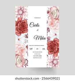 Elegent Red Roses Floral Wedding Card. Illustrator and designer. Wedding Invites, save the date, Birthday Invites, Video Invites, E-Cards.