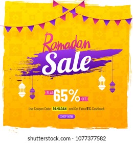Elegent Sale Poster or Banner Design for Ramadan Sale with hanging lamps, and 65% off offer on yellow background.