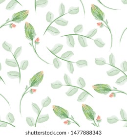 Elegent seamless pattern with leaves and flower buds. Floral, floral background, hand drawing, imitation of watercolor.
