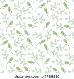 Elegent seamless pattern with leaves and flower buds. Floral, floral background, hand drawing, imitation of watercolor.