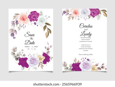 Elegent Watercolor Floral With Purple Roses Wedding Card. Illustrator and designer. Wedding Invites, save the date, Birthday Invites, Video Invites, E-Cards.