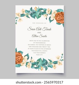 Elegent Wedding Card With Flowers and Leaves. Illustrator and designer. Wedding Invites, save the date, Birthday Invites, Video Invites, E-Cards.