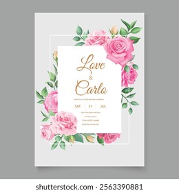 Elegent Wedding Card With Green leaves and Pink Roses. Illustrator and designer. Wedding Invites, save the date, Birthday Invites, Video Invites, E-Cards.