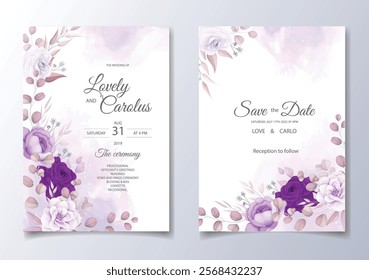 Elegent Wedding Invitation With Purple Flowers and Leaves. Illustrator and designer. Wedding Invites, save the date, Birthday Invites, Video Invites, E-Cards.