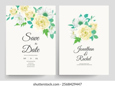 Elegent Yellow Roses With Green Leaves Wedding Card. Illustrator and designer. Wedding Invites, save the date, Birthday Invites, Video Invites, E-Cards.