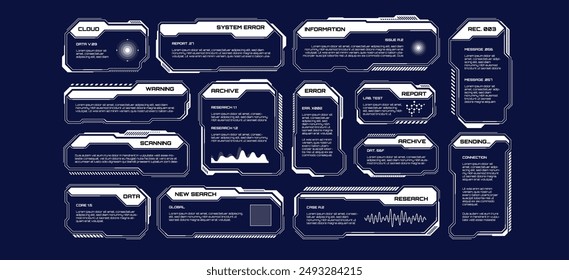 Elemen HUD UI futuristik putih Kotak teks antarmuka pengguna Scifi info Pesan peringatan bingkai kotak informasi Templat Tata letak antarmuka permainan modern dalam ilustrasi Vektor gaya digital