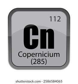 Element 112 label. Cn 285 Copernicium. Gray periodic square. Vector chemistry icon.