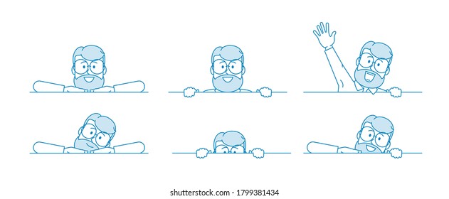 Elemento para publicidad. Carácter - un hombre con gafas y barba. Gerente o trabajador de oficina con una camisa con corbata. Ilustración en estilo de arte en línea. Vector