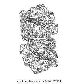 Element Air. Decorative vignette with curly clouds and rose flower garland. Black linear hand drawing isolated on white. Concept design for the tattoo, colouring book or postcard. EPS10 vector.