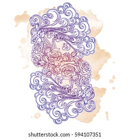 Element Air. Decorative vignette with curly clouds and rose flower garland. Pastel colored drawing isolated on grunge sepia spot. Concept design for the tattoo, colouring book postcard. EPS10 vector.