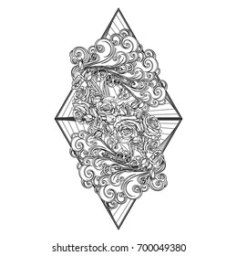 Element Air. Decorative vignette with curly clouds and rose flower garland on triangles. Black linear hand drawing isolated on white. Concept design for the tattoo, colouring book or postcard.