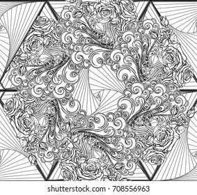 Element Air. Decorative vignette with curly clouds and rose flower garland on triangles. Black linear hand drawing isolated on white. EPS10 Seamless pattern