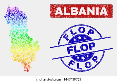 Element Albania map and blue Flop scratched seal stamp. Spectrum gradiented vector Albania map mosaic of mechanics items. Blue round Flop stamp.