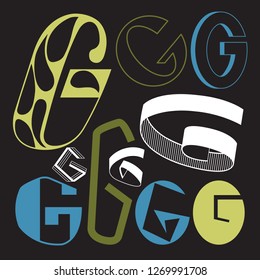 The element of the alphabet. Several options for writing the letter G.